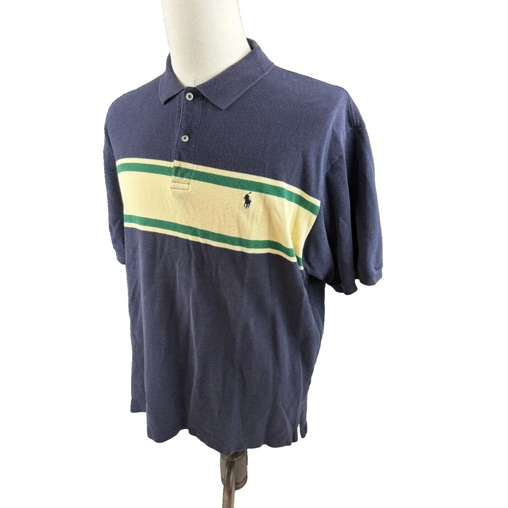 Polo Ralph Lauren Navy Blue Striped Short Sleeve‎ Polo Shirt Mens XL